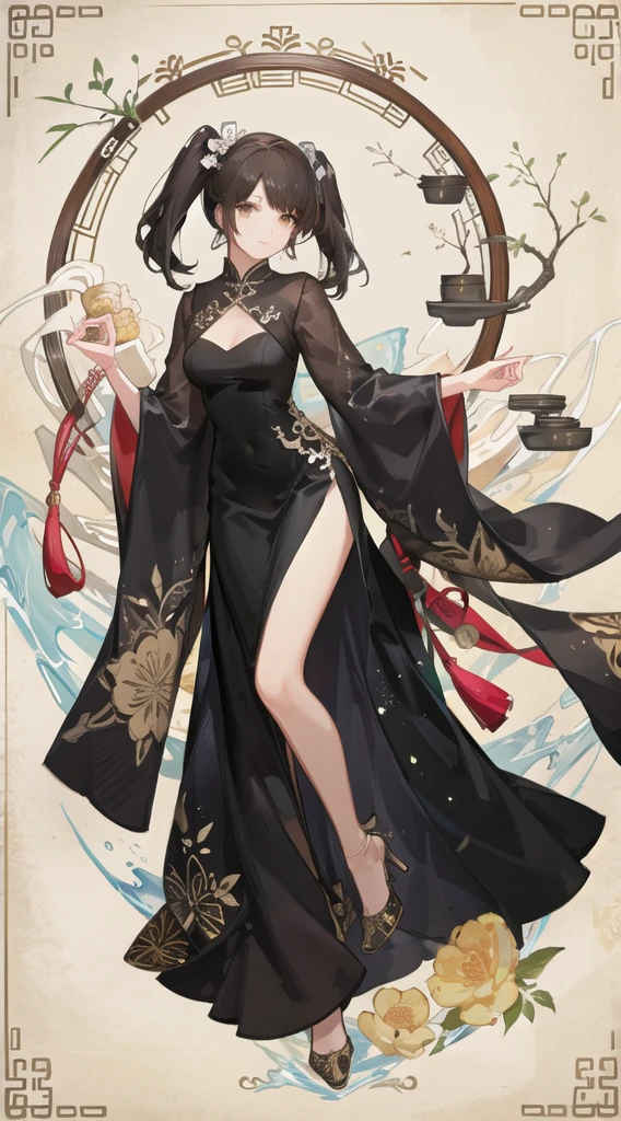girl,full body,(detailed face:1.2), masterpiece, fashion,chinese dress,, medium hair, black hair, twintails, blunt bangs, brown eyes,