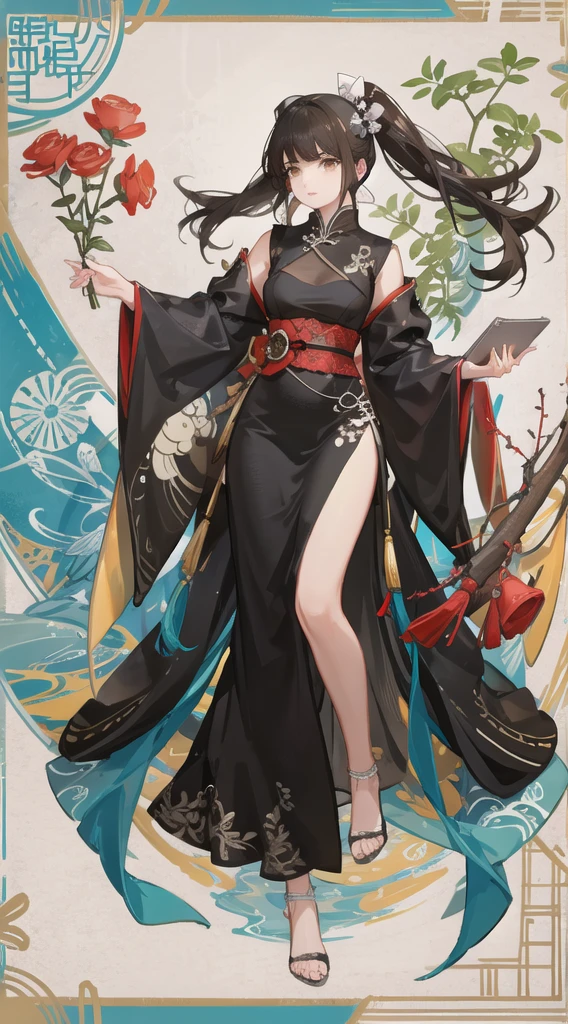 girl,full body,(detailed face:1.2), masterpiece, fashion,chinese dress,, medium hair, black hair, twintails, blunt bangs, brown eyes,