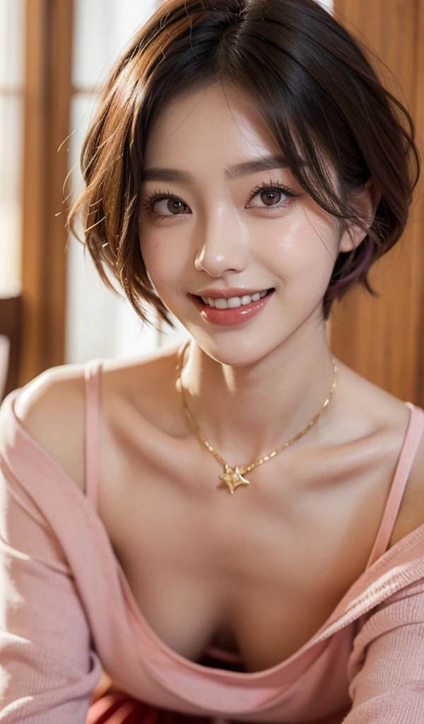 1 girl, 19 years old, south korean, 4k, masterpiece, realistic, frekles under eyes, short whavy brown hair, faded pink hair, bob hair-cut, shining pink eyes, red lips, red eyeliners, massively large breast, off shoulder pink dress, discovered breast, gold necklase, tilted head, happy, big smile, perfect teeth, white teeth, multiple of frekles under eyes, detailed face, facing camera, bright colors, close up.