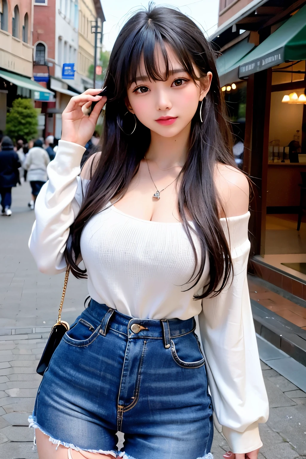 (Surreal), (Awareness-raising), (High resolution), (8K images), (Very detailed), (The best Awareness-raisingns), (Beautiful and fine details), (Highest quality), (Ultra-detailed), (masterpiece), (wallpaper), (Detailed face), solo, One Girl, Gray wavy hair、Off-the-shoulder clothing、Big smile、Blushing、Bans、huge 、Tightening of the lower back、Thin thighs、Small 、Beautiful Bangs、Look at the audience、necklace、Earrings、Watching from Above、Main Street、get up、