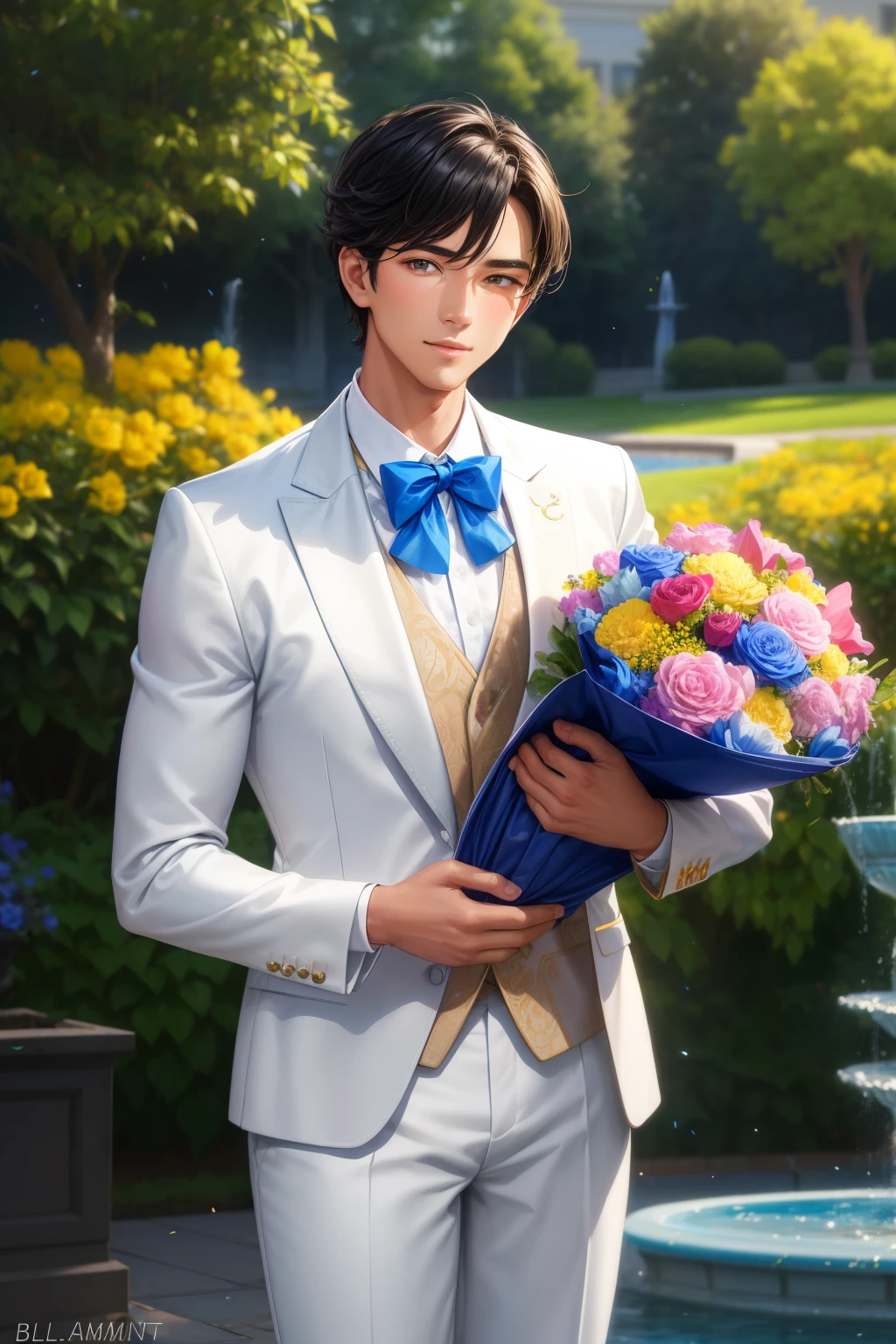Lelaki elegan memegang bucket bunga, masterpiece, best quality, 1 man, elegant pose, holding a bouquet of flowers, high-resolution:1.2, intricate details, medium:watercolor, vibrant colors, HDR, natural lighting, meticulously painted petals, sharp focus, detailed face, well-groomed, formal attire, suit jacket, bow tie, cufflinks, monogrammed handkerchief in pocket, gloved hands, gentle smile, full-length portrait, standing in frame, posing beside a fountain, gazing at the flowers, admiration in his eyes, sweeping bangs, side profile, elegantly