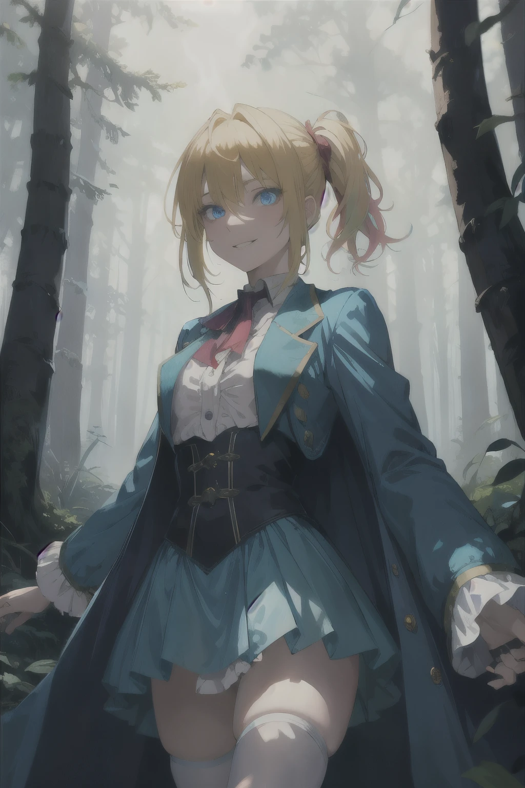 colorful forest, best quality, hazy glow, masterpiece, 1girl, solo, Alice in wonderland, blonde hair, blue eyes, long coat, lying, creepy, confident, crazy, sexy, dangerous, cunning, slasher smile, luminous eyes, cowboy shot