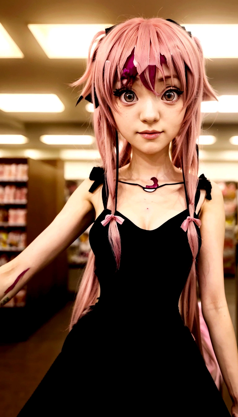 a close up of a person in a dress with pink hair, as an anime character, anime girl named gasai yuno, anime girl wearing a black dress, anime character, mirai nikki, female anime character, anime style like mirai nikki, inspired by Jin Homura, pink female human girl, mirai nikki style, an anime girl
