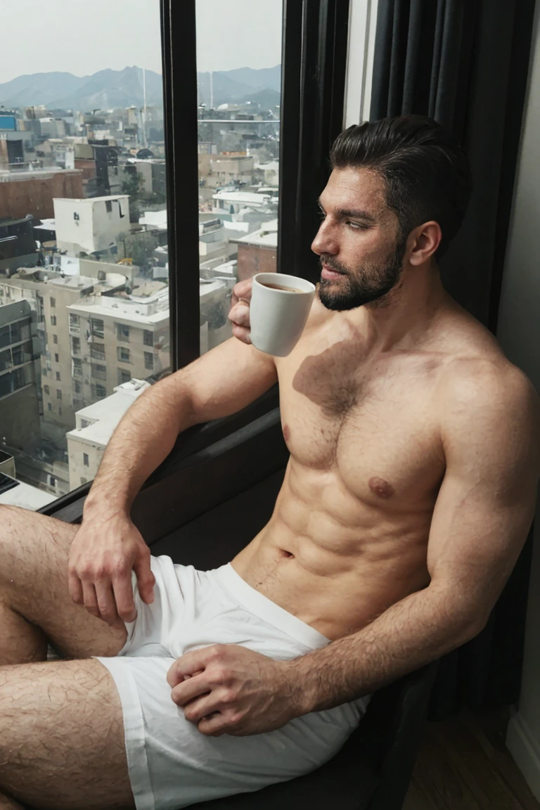 Real image of a Turkish model man with short black hair athletic body, shady beard cut, shirtless, wearing a white boxer. Sitting with a cup of coffee in hand looking out the window.