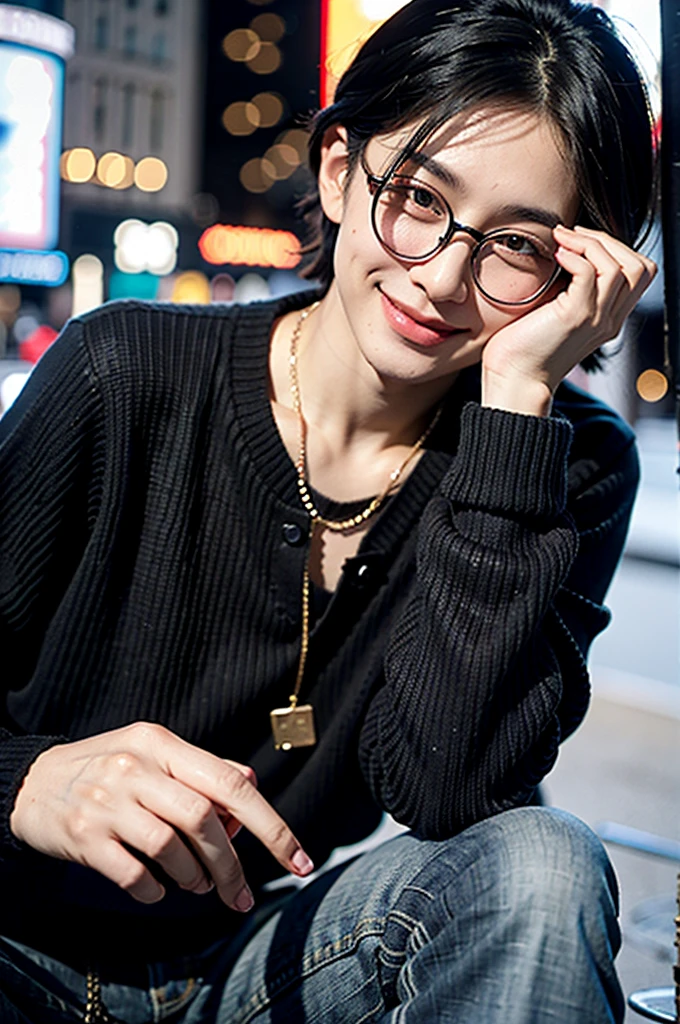  1 boy, Times Square, brown eyes, black sweater, black jeans with chain, round glasses, white skin, book-style hair, cool hair, smile 