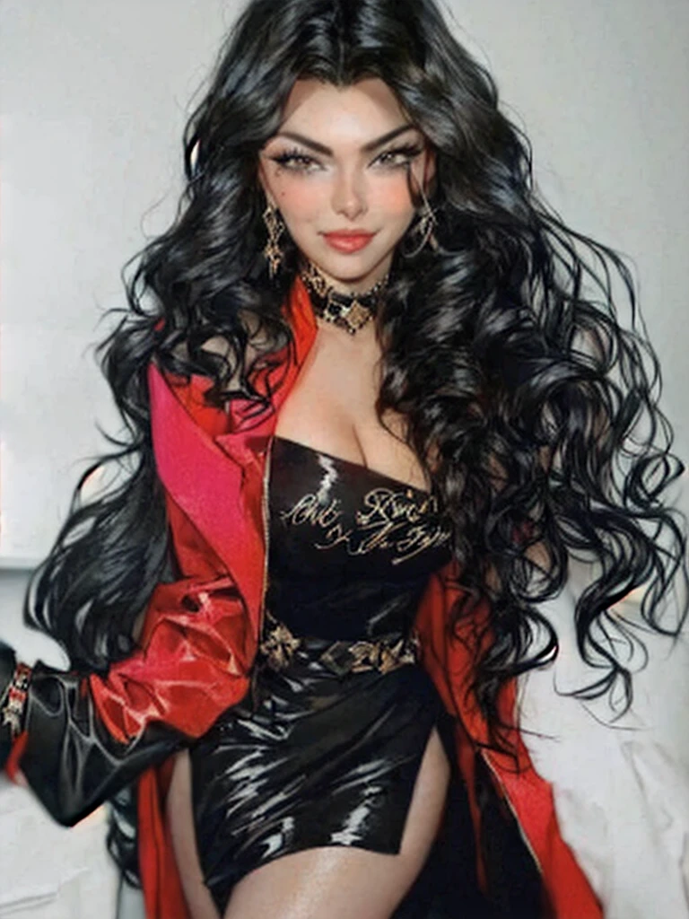 a close-up of a woman in a black dress and a red jacket, portrait of Haifa Wehbe, his black hair is long and curly, charli xcx, Sir, young arab monica belluci, Victoria justice, long wavy black fur, she has black hair with bangs, wavy black fur, long curvy black hair, long black wavy hair