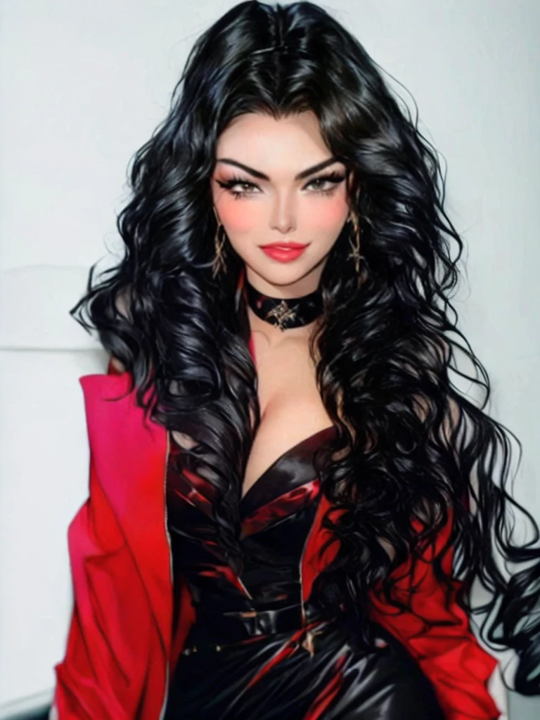 a close-up of a woman in a black dress and a red jacket, portrait of Haifa Wehbe, his black hair is long and curly, charli xcx, Sir, young arab monica belluci, Victoria justice, long wavy black fur, she has black hair with bangs, wavy black fur, long curvy black hair, long black wavy hair