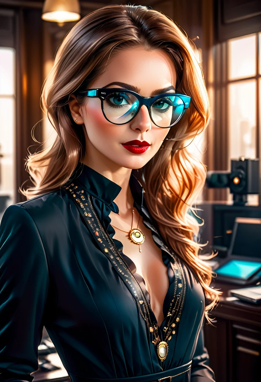 a facial portrait of a ((spy using glasses to take pictures)) working on a secret computer laboratory, an elegant, exquisite beautiful female spy, dynamic hair color, dynamic hair style, (wearing elegant intricate details glasses: 1.3), dynamic color glasses, dynamic style glasses, ((digital letter and numbers are mirrored on the glasses:1.6)), she wears an elegant, intricate detailed dress, silk dress , small cleavage, Vibrant, Ultra-high resolution, High Contrast, masterpiece:1.2, highest quality, Best aesthetics), best details, best quality, highres, ultra wide angle, 16k, [ultra detailed], masterpiece, best quality, (extremely detailed), Genetically modified..., Cinematic Hollywood Film, lens flare style