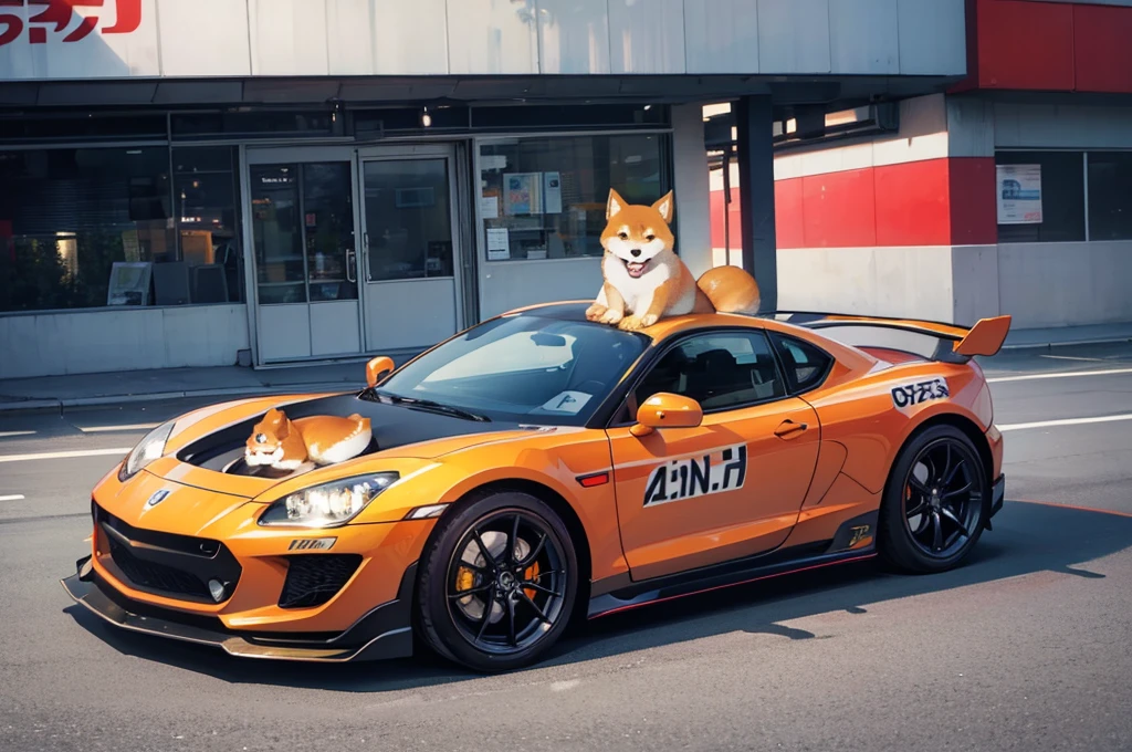 a sports car with a cute shiba on it