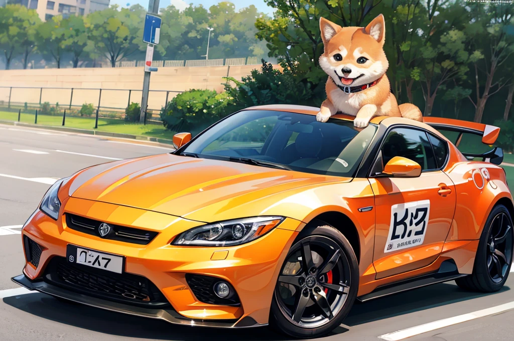 a sports car with a cute shiba on it