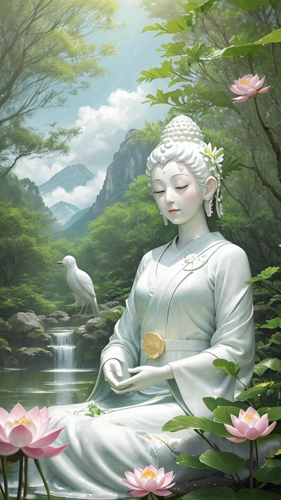 (Masterpiece),(Best quality),(Ultra-detailed), (Body:1.2), 1 Buddha statue, floating in a powerful zen state. White skin, Amitayus, sitting on a lotus flower, Chant the Buddha's name with both hands, temples, wearing an outfit, White skin, face round, kind, gentle, look, Mountains, green trees,stream, pink flower, gentle lightsun forest, Birds, Clouds, dew, En plein air, Bright, fresh, Green, White skin, (Beautiful detailed face), (Eyes closed), (surrealism),