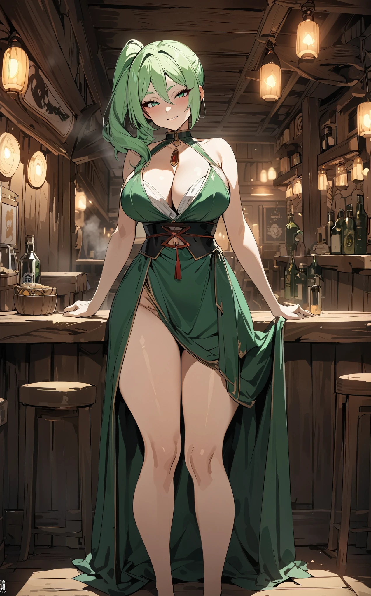 Masterpiece, best quality, absurdes, 4k, 1girl, Übel, from frieren, green hair, side ponytail, bangs, amulet, dress with cleavage, wide hips, busty, small waist, standing in a tavern, seductive smile, from front