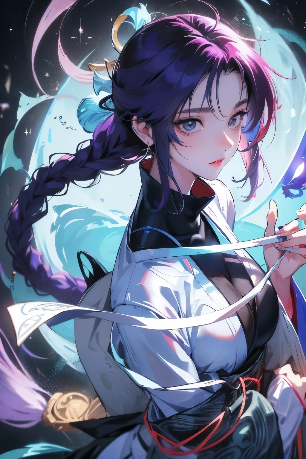 Aiko Miyamoto is a serene jujutsu kaisen Sorceress, with an appearance that combines elegance and mystery. She has long, silky purple hair that forms a single braid at the back of her head., without wearing hats and ornaments. His eyes are a deep shade of purple. , as if looking at the cosmos, often adorned with an enigmatic glow. Aiko wears modern clothes with a touch of traditional Japanese. make she look reserved. Dont sexualize the image
