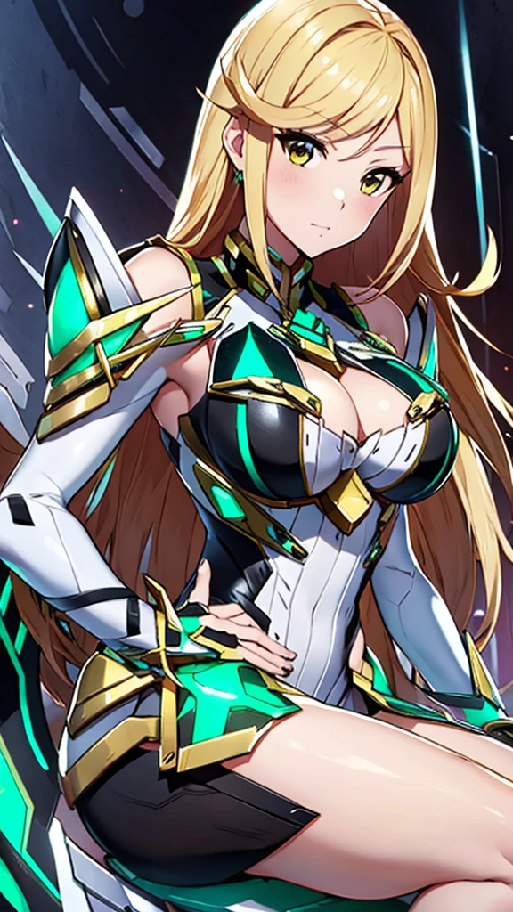 Mythra from Xenoblade, cleavage, big breasts, long hair, blonde hair, sexy girl, 1 girl, masterpiece, best quality, high resolution