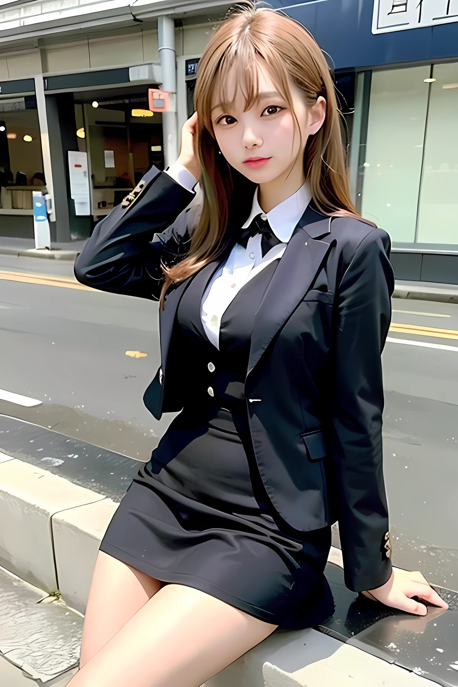 Black suit、The skirt is short、Commuting by train