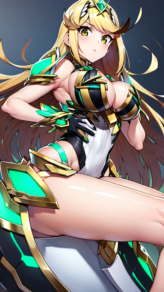 Mythra from Xenoblade, cleavage, big breasts, long hair, blonde hair, sexy girl, 1 girl, masterpiece, best quality, high resolution