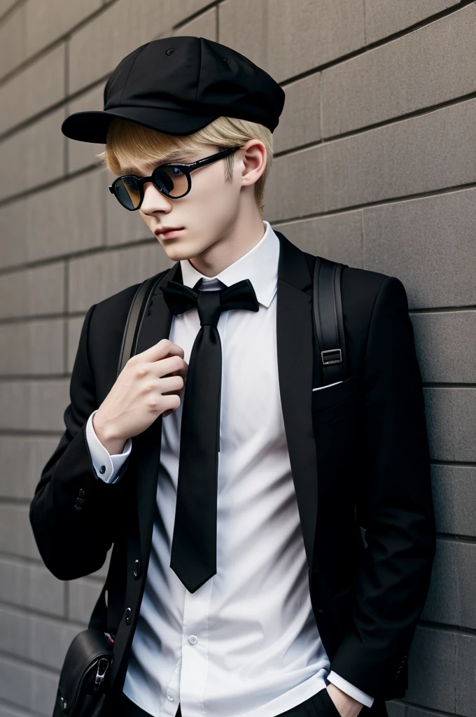anime cat boy , with black cap, black pants with blue details, BLACK LENSES, black suit and black tie, white backpack, blond hair,pale skin,black eyes 