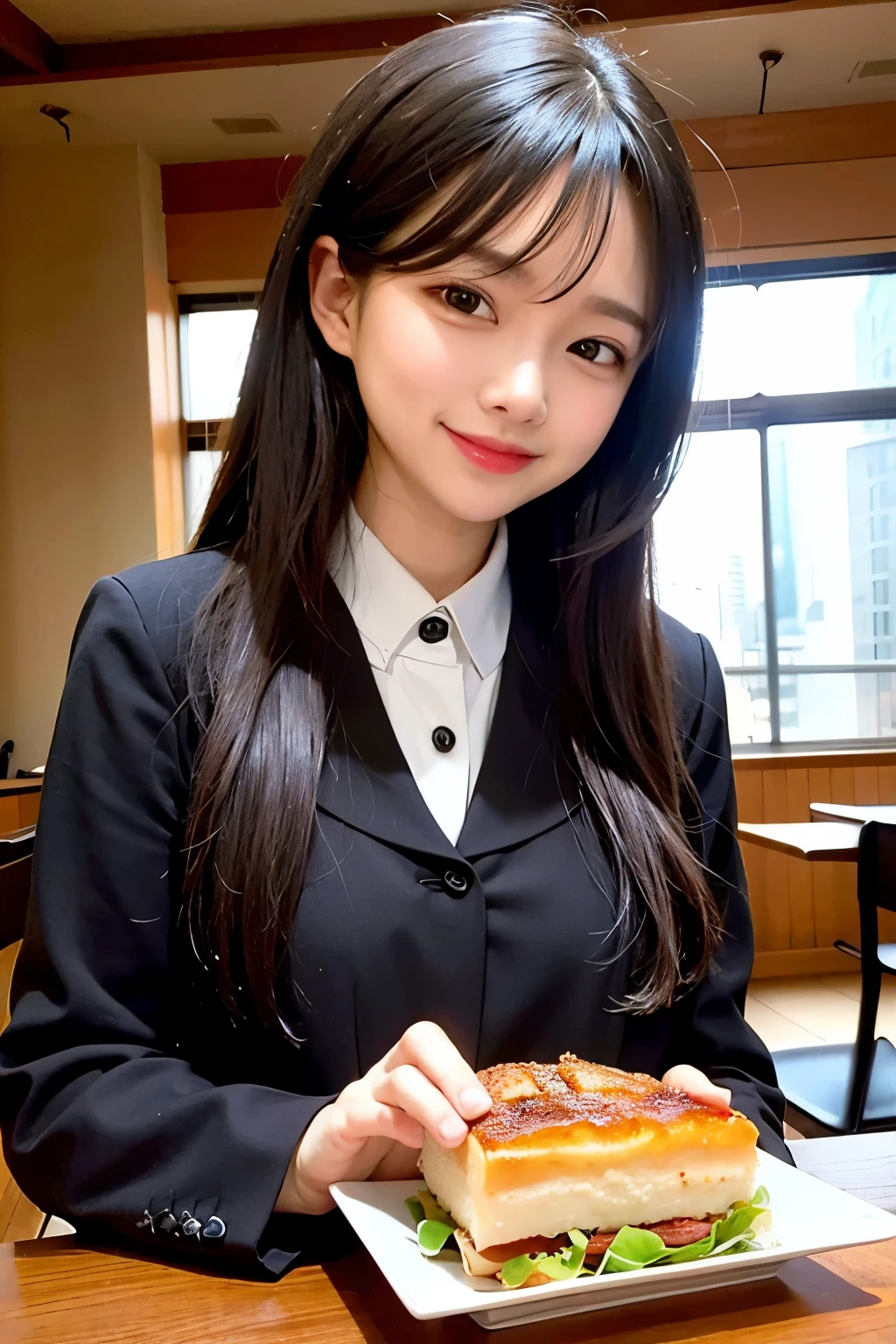 OL、Black suit、smile、During lunch