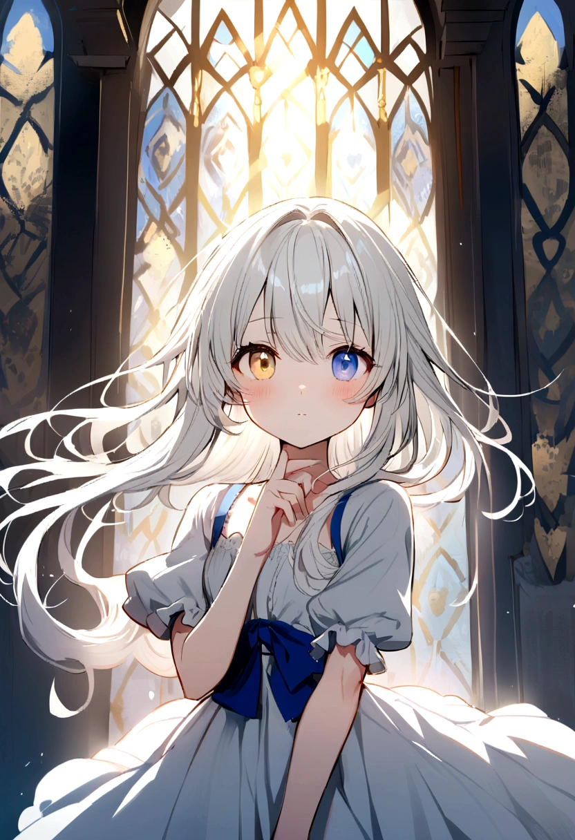Anime girl with white hair, heterochromia(gray left eye, blue right eye)
