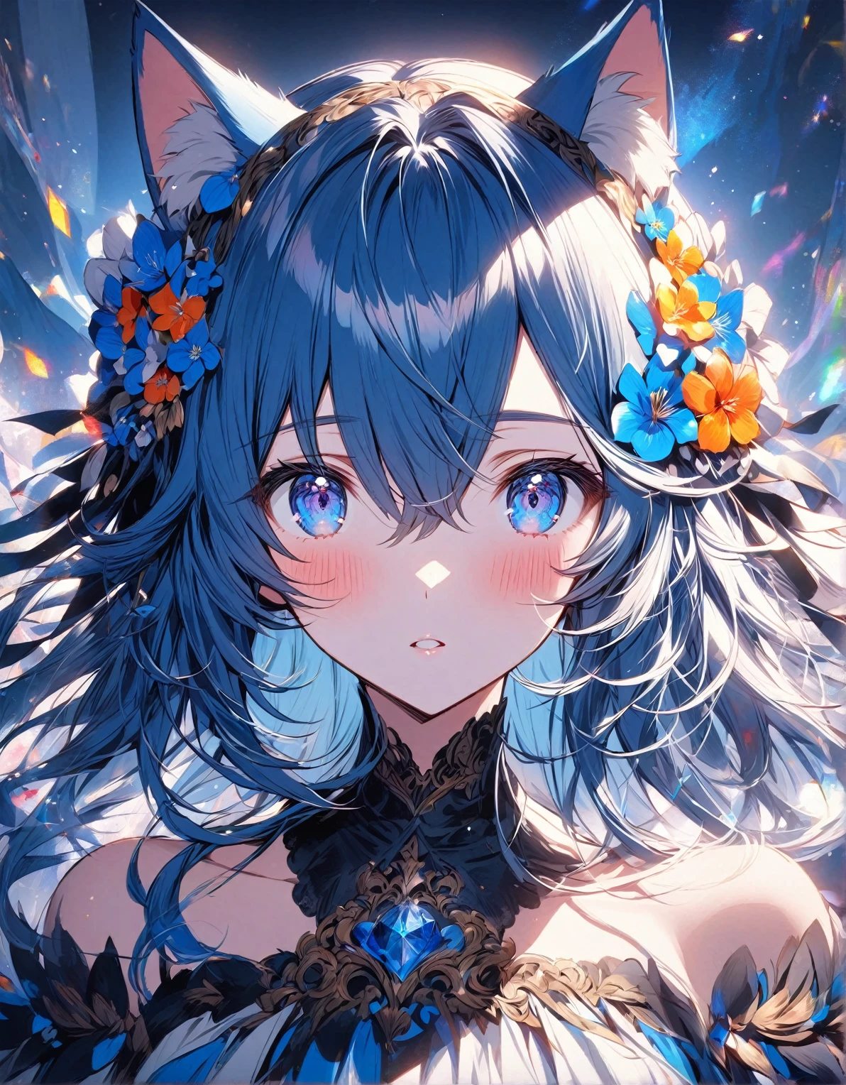anime looking young woman with blue cat ears wearing a gown. “anime” is when a cartoon is drawn or painted and often uses bright colors, 1girl, solo, animal ears, looking at viewer, blue eyes, hair flower, hair ornament, flower, bangs, hair between eyes, blush