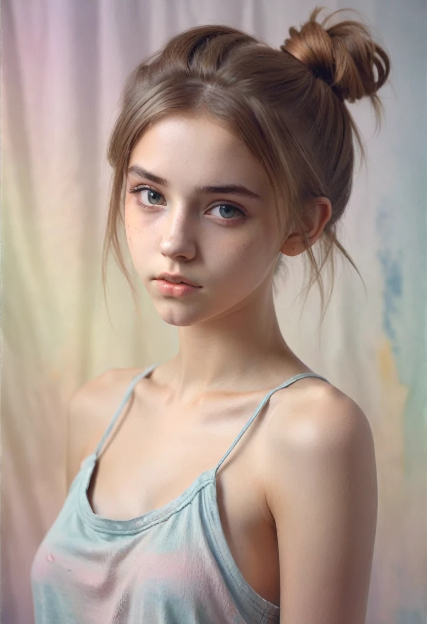 (Cinematic photo: 1.3) From (really: 1.3), (comfortable: 1.3) Beautiful 18 year old girl, (difficult messy bun of light brown hair), высокодеталFromированная текстура кожи, skinny shoulders, realistic texture кожи, looks straight into the camera, (looks at the viewer), pout, pastel, Shine, Dramatic, Dreamy, pastelный цветочный сад, Thin, skinny, gentle, Высокая деталFromация, difficult, digital painting, Fantasy theme,skinny , bare belly, Fantasy concept art , Fantasy Characters, Beautiful teenage girl, Perfect body, highly detailed full-length shot, Dreamy, pastel, watercolor, strange, gentle, highly detailed texture, realistic texture, digital painting, высокодеталFromированная фотография (art deco: 1.3), (ФотореалFromм: 1.3), (Классический реалFromм: 1.3), (Fujifilm Superia: 1.3), Natural, golden hour light