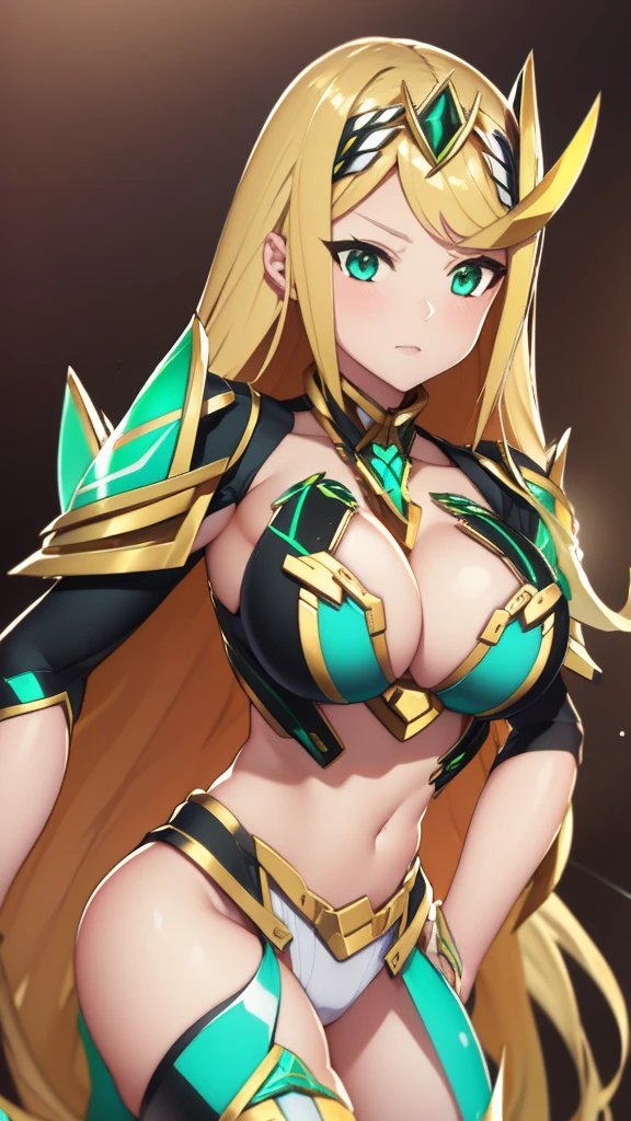 Mythra from Xenoblade, cleavage, big breasts, long hair, blonde hair, sexy girl, 1 girl, masterpiece, best quality, high resolution