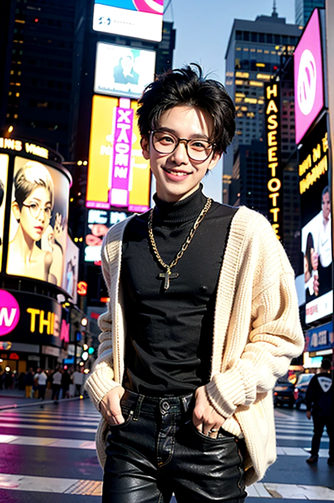 1 boy, Times Square, brown eyes, black sweater, black jeans with chain, round glasses, white skin, book-style hair, cool hair, smile, A little muscular