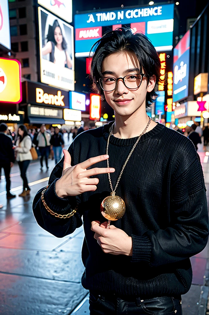  1 boy, Times Square, brown eyes, black sweater, black jeans with chain, round glasses, white skin, book-style hair, cool hair, smile, A little muscular 