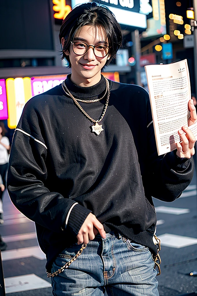  1 boy, Times Square, brown eyes, black sweater, black jeans with chain, round glasses, white skin, book-style hair, cool hair, smile, A little muscular 