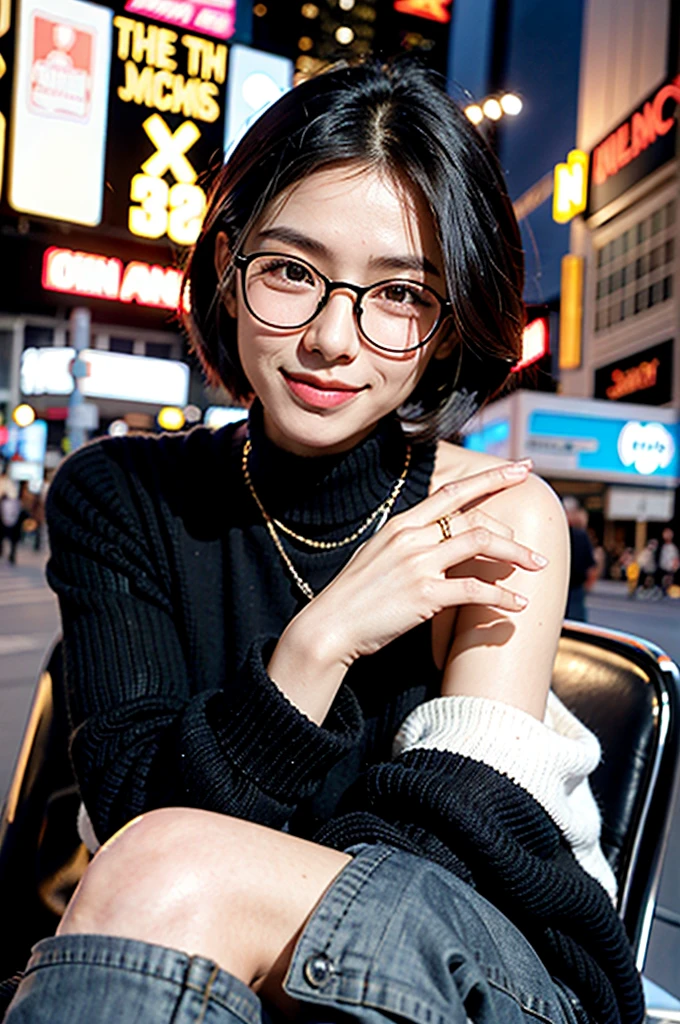 1 boy, Times Square, brown eyes, black sweater, black jeans with chain, round glasses, white skin, book-style hair, cool hair, smile, A little muscular