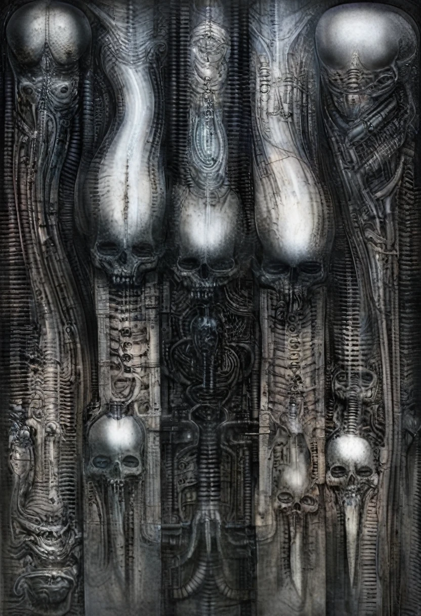 
The image is a detailed view of H.R. Giger's \" Landscape XVI \" plate, featuring a complex network of bones and organs in a purple-brown hue ,swirling gray and brown colors. The artwork is silver and purplish brown, with an ivory bones prominently displayed. The image is highly detailed and intricate, almost like a 3d version of a medical diagram 
The image is an artistic representation of a mechanical structure with pipes and gears, with a skeletal creature and a windmill blade.


 The image depicts a surreal, anatomical illustration of a alien body with a skeleton inside, surrounded by a network of tubes and pipes.

biomechanical landscape by Hans Rudie Giger composed of fossilized and mummified alien life forms. Image depicts a strange and dreamlike, combines biological and mechanical ,managed  to dreamlike quality. Centralized recognizable shapes of skulls, rib cages, and spines, all intertwined with tubes and cables. These shapes suggest fossilized mummified alien life forms. Central skeletal structures and what appears to be a ribcags of ivory in the foreground are the most identifiable organic elements. The mechanical elements are evident in the wires and tubes emanating from the skeletals, as well as the smooth metallic tubes. In the background shapes are visible that could be interpreted as other fossilized or mummified alien life.
Light source from the top highlights skeletals, upper part of foreground, lower part of image is in shadow. 


The piece is a tableau, most likely created with a India ink pen or pencil on paper, determined by the thin lines, shading techniques, and the texture of the paper, which is visible around the edges.
used is pen, given the shading and variations in line weight visible in the image. One have used a variety of pencils with different degrees of hardness to achieve the shading effects

The placement of the creatures on the center follows the rule of thirds, a principle in composition that places important elements along im