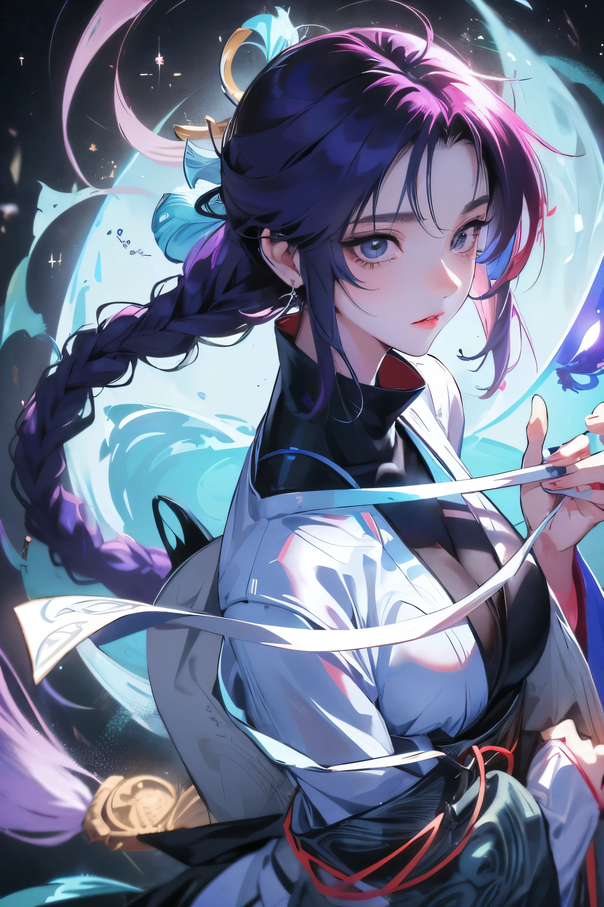Aiko Miyamoto is a serene jujutsu kaisen Sorceress, with an appearance that combines elegance and mystery. She has long, silky purple hair that forms a single braid at the back of her head., without wearing hats and ornaments. His eyes are a deep shade of purple. , as if looking at the cosmos, often adorned with an enigmatic glow. Aiko wears modern clothes with a touch of traditional Japanese. make she look reserved. Dont sexualize the image