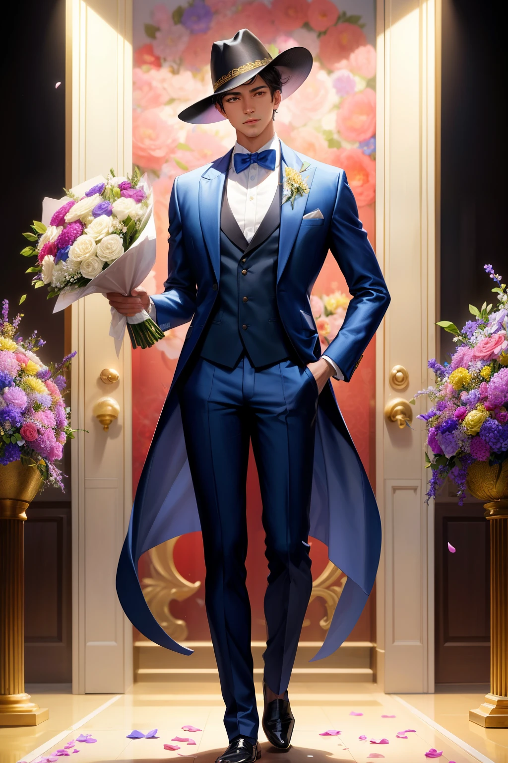 Lelaki elegan memegang bucket bunga (Elegant man holding a bouquet of flowers). Masterpiece, best quality, 1 man, tall, elegant posture, holding a bouquet of vibrant flowers, vivid colors, HDR, studio lighting, ultra-fine painting, sharp focus, physically-based rendering, extreme detail description, portrait, tailored suit, pristine shirt, bow tie, cufflinks, polished shoes, expression of admiration, half-body picture, appearing in full frame, hat at the side, sleeves rolled up, flowers beautifully arranged in the bouquet, petals gently falling.
