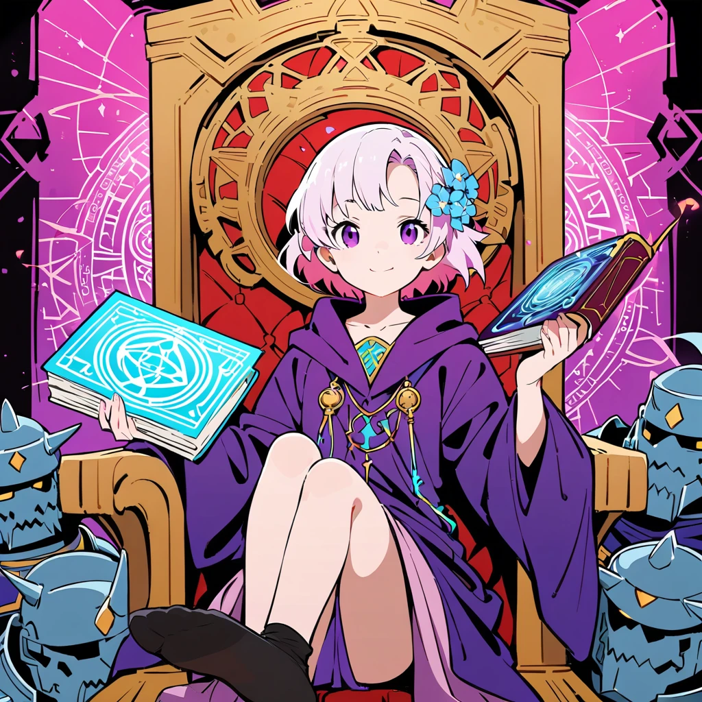 (Alphonse Mucha:1.3),(Portraiture:1.2),Portrait Lens,(Tarot Cards:1.35),
//
(Flat Color), Cowboy Shot, (Young Man 1.25),alone, Magical Lady「,(Messy medium pink hair,White Hair Flower),(, Purple eyes,faint smile, (smile:0.8), Mouth closed, Holding an ancient key,head up View your viewers,View your viewers,Detailed Sorcerer Robe, Floating Magic Book, No shoes,
//
indoor, Throne, On the bookshelf,holy,
(magic circle), (The magic circuit behind:1.2),