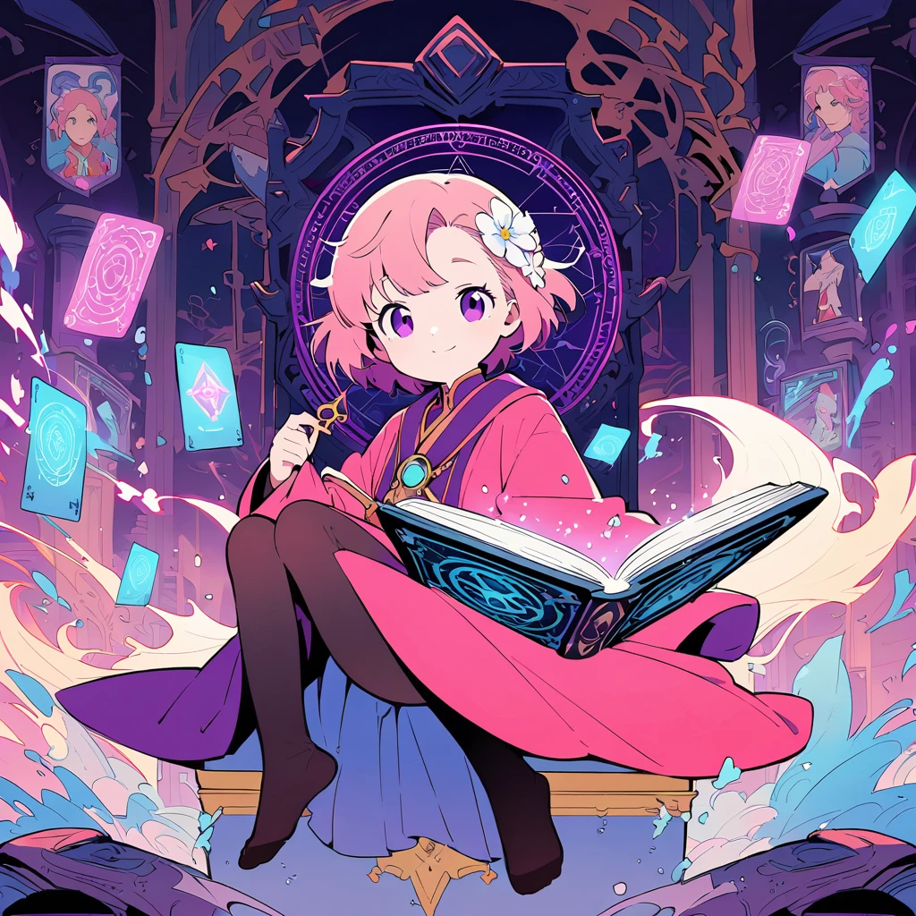 (Alphonse Mucha:1.3),(Portraiture:1.2),Portrait Lens,(Tarot Cards:1.35)，
//
(Flat Color), Cowboy Shot, (Young Man 1.25),alone, Magical Lady「,(Messy medium pink hair,White Hair Flower),(, Purple eyes,faint smile, (smile:0.8), Mouth closed, Holding an ancient key,head up View your viewers,View your viewers,Detailed Sorcerer Robe, Floating Magic Book, No shoes,
//
indoor, Throne, On the bookshelf,holy,
(magic circle), (The magic circuit behind:1.2),
