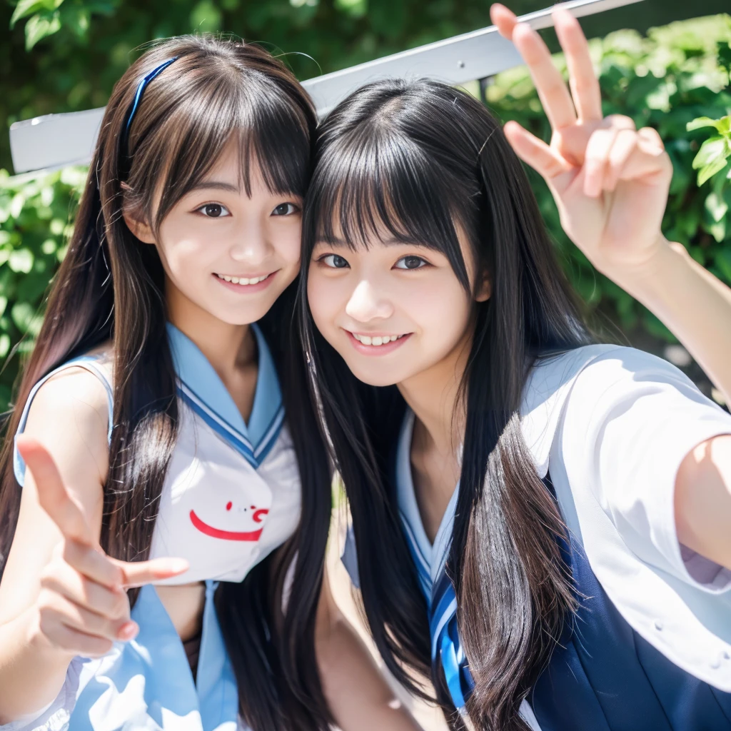 ((Best quality, 8K, Masterpiece:1.3)), 2 Japanese high school girls, taking selfie, peace signs, smiling, Long Hair, Black Hair, (School:1.1), (Sunlight:1.1), Upper Body, detailed eyes, double eyelid
