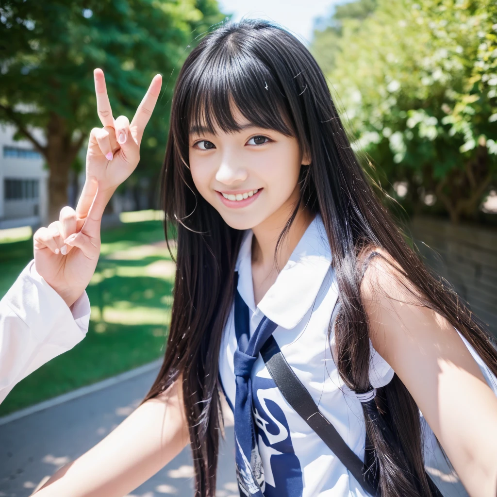 ((Best quality, 8K, Masterpiece:1.3)), 2 Japanese high school girls, taking selfie, peace signs, smiling, Long Hair, Black Hair, (School:1.1), (Sunlight:1.1), Upper Body, detailed eyes, double eyelid