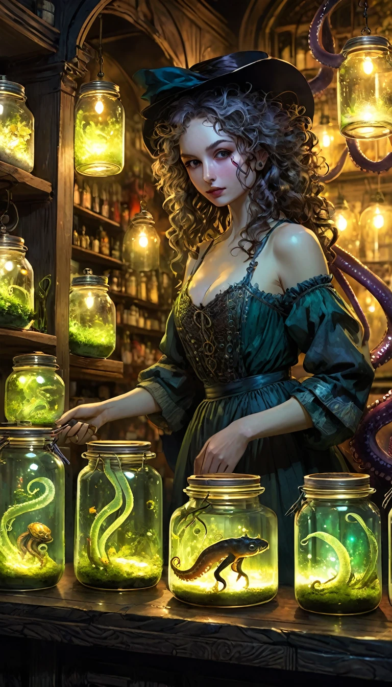 a sexy girl in a sexy dress tends the store at the counter, fantastic store, Fantasy world, dark, disturbing, strange, unnatural, (Rembrandt Lighting: 1.3) light particles, lens flares, store with several tentacles inside large jars, , a woman shopping, live tentacles for sale inside jars, side chest, forest cat on stage, close-up of the upper part of the body, artistic masterpieces that will go down in history, fantastic backgrounds, memorable scenes, fantastic angles (masterpiece : 1.2), (best quality: 1.2), intricate details, newest, AI generated (Bill Sienkiewicz inspired art, intricate details, oil painting)