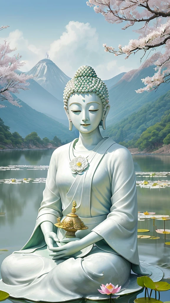 (Masterpiece),(Best quality),(Ultra-detailed), (Body:1.2), 1 Buddha statue, floating in a powerful zen state, with lotus flowers, White skin, Amitayus, sitting on a lotus flower, Chant the Buddha's name with both hands, temples, wearing an outfit, White skin, face round, kind, gentle, look, Mountains, green trees, Cherry blossoms, forest, Birds, Clouds, dew, En plein air, Bright, fresh, Green, White skin, (Beautiful detailed face), (Eyes closed), (surrealism),