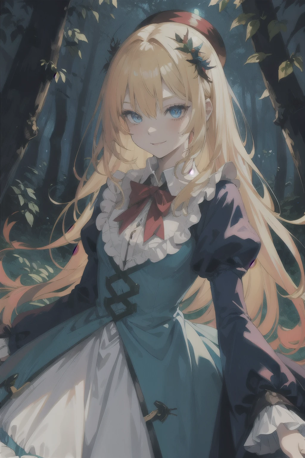colorful forest, best quality, hazy glow, masterpiece, 1girl, solo, Alice in wonderland, blonde hair, blue eyes, long coat, dress, creepy, confident, crazy, sexy, dangerous, cunning, slasher smile, luminous eyes