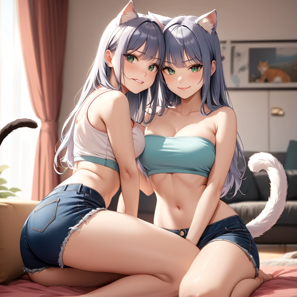 Sexy Posing, Female, 30 years old, cute, eyeliner, long hair, biting lip smile, tube top, jean shorts, bedroom eyes, catgirl, cat ears, living room background, 8k, hi res, (best quality, masterpiece), green eyes, cat tail, Duo, twins , one happy, one annoyed