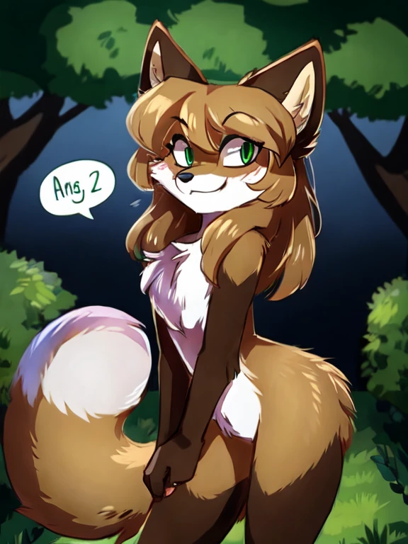 by reysi, ((deailed green eyes)), Best quality, super detailed illustration, warm colors, Ideal lighting, beautiful and detailed portrait of an anthropomorphic vixen ((female)), anthro fox girl, body fur, chest fluff, flat chest, sassy, sassy hips, sexy, cute, nice, hot, wide hips, (fur:1.5) ,smug face, disheveled thick hair, mischievous smile, slim, perfect body, speech bubble, heart, hearts, yard, rain, wet fur, bending over, blueberry bush, holding blueberry in hand
