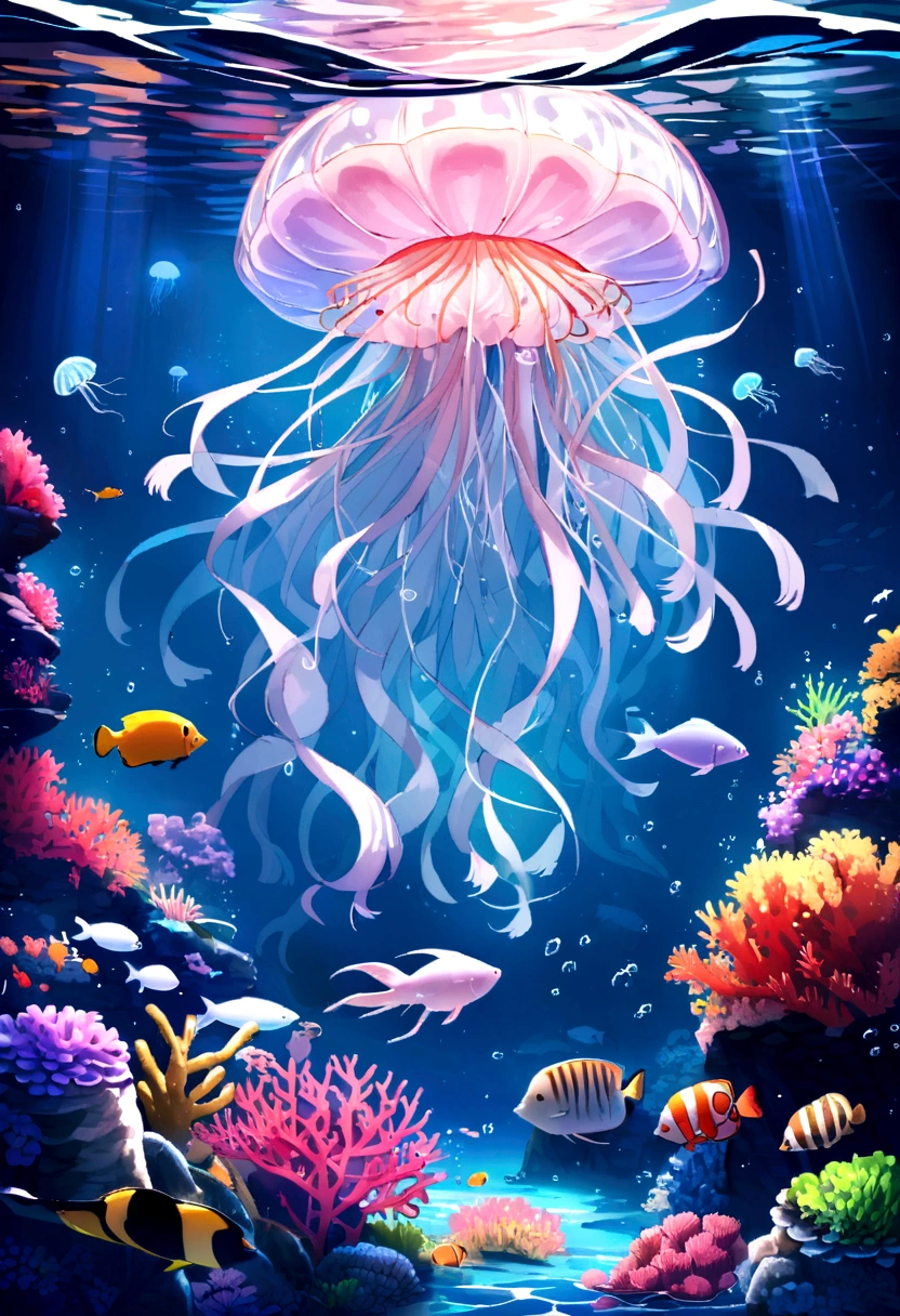 oily，ocean，carefully，Magic，occult，(ocean藻に抱かれた都市遺跡)，aquatic plants beautiful coral reef，colorful fish swimming，clear visibility，heavenly atmosphere，whispering shell、Glowing jellyfish、ancient symbols and words、Uncover the mysteries of the underwater world, Except humans