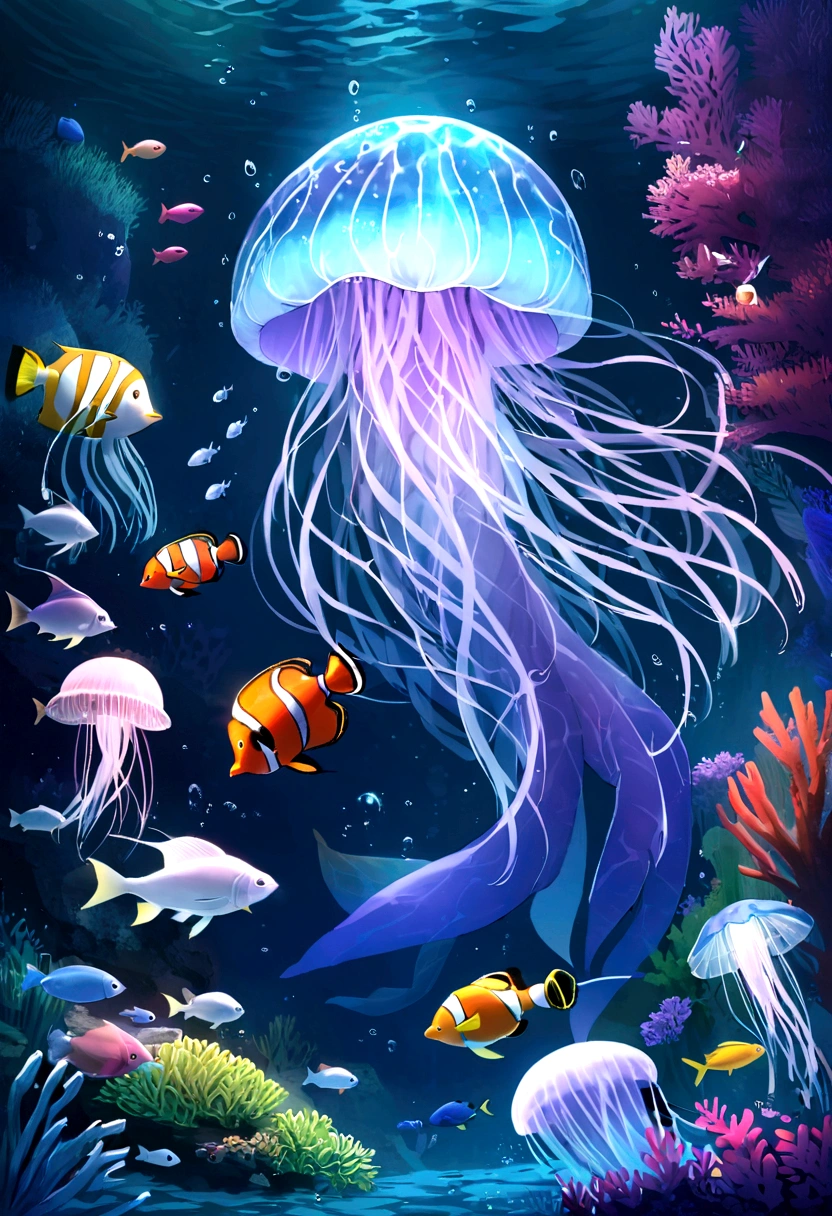 oily，ocean，carefully，Magic，occult，(ocean藻に抱かれた都市遺跡)，aquatic plants beautiful coral reef，colorful fish swimming，clear visibility，heavenly atmosphere，whispering shell、Glowing jellyfish、ancient symbols and words、Uncover the mysteries of the underwater world, Except humans