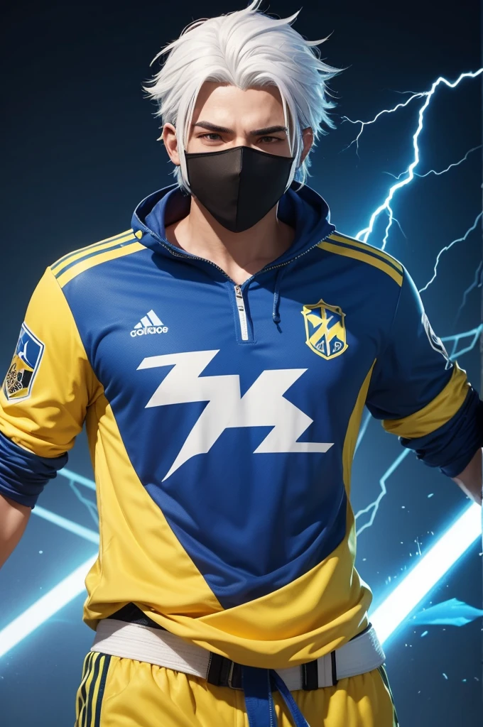 A free fire game style male character , with a blue cap behind his white hair, with a black mask and a yellow Brazilian team shirt written "MORENO FF"  with blue background with lightning 