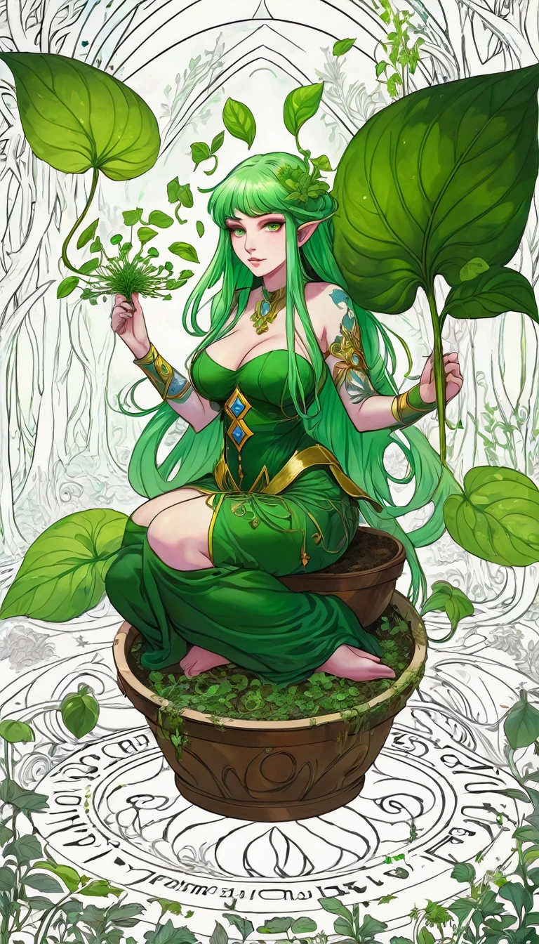 divine beautiful dlyad girl, long green hair, large breasts, personified, fantasy, excellent lighting, excellent anatomy, leaves, weeds, sprouts, trees, soil, ethereality, fantasy card game frame, psychedelic, psychedelic delusion, 2d Gauche hand drawn painting, masterpiece 