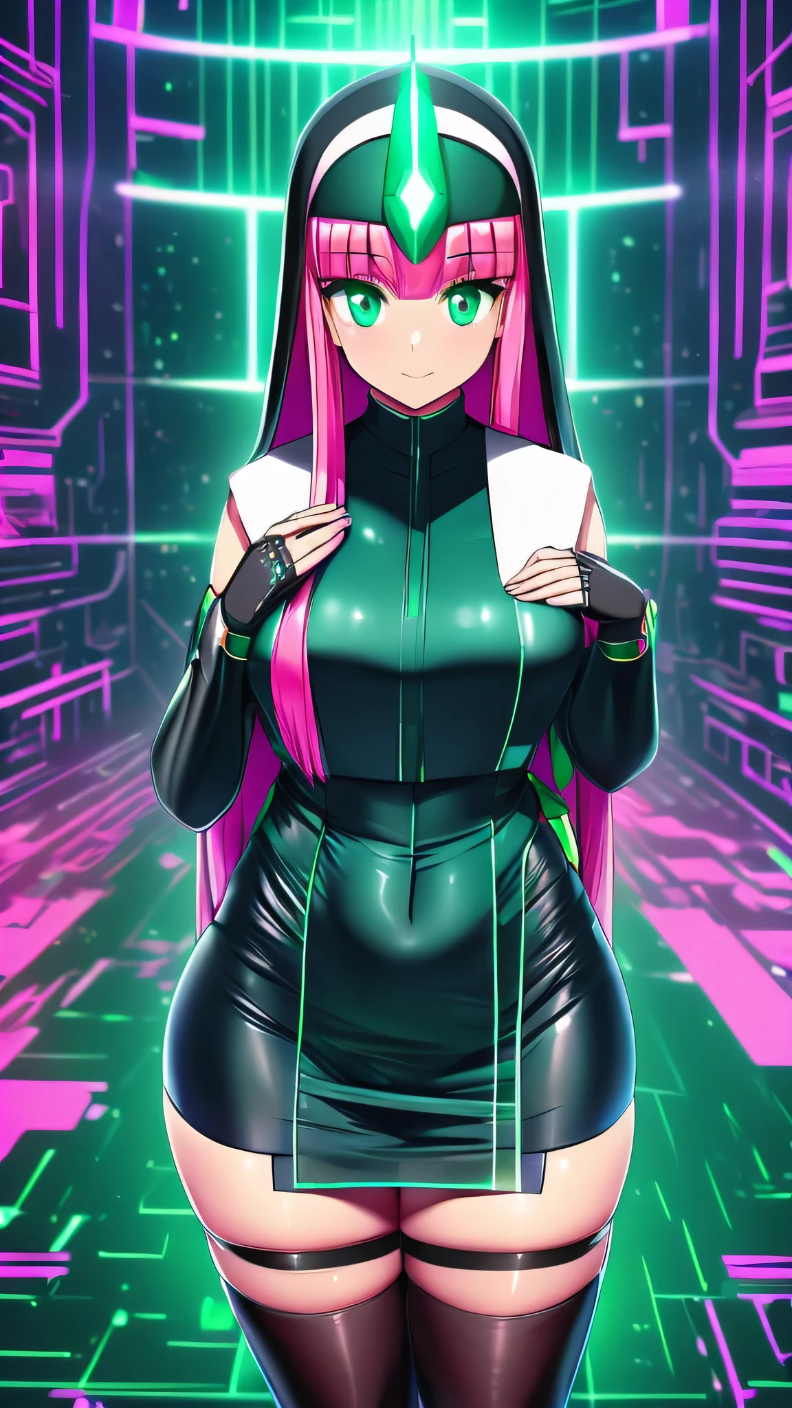 a girl cyber nun beautiful intelligent long pink hair wavy her green eye wearing virtual lens blue helmet micro dresses nun long dress and a long black skirt she shows digital hand