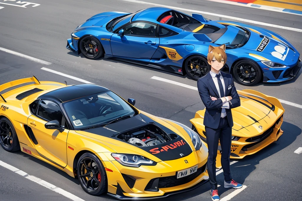 a sports car with a cute shiba on it, and shiba is as big as car