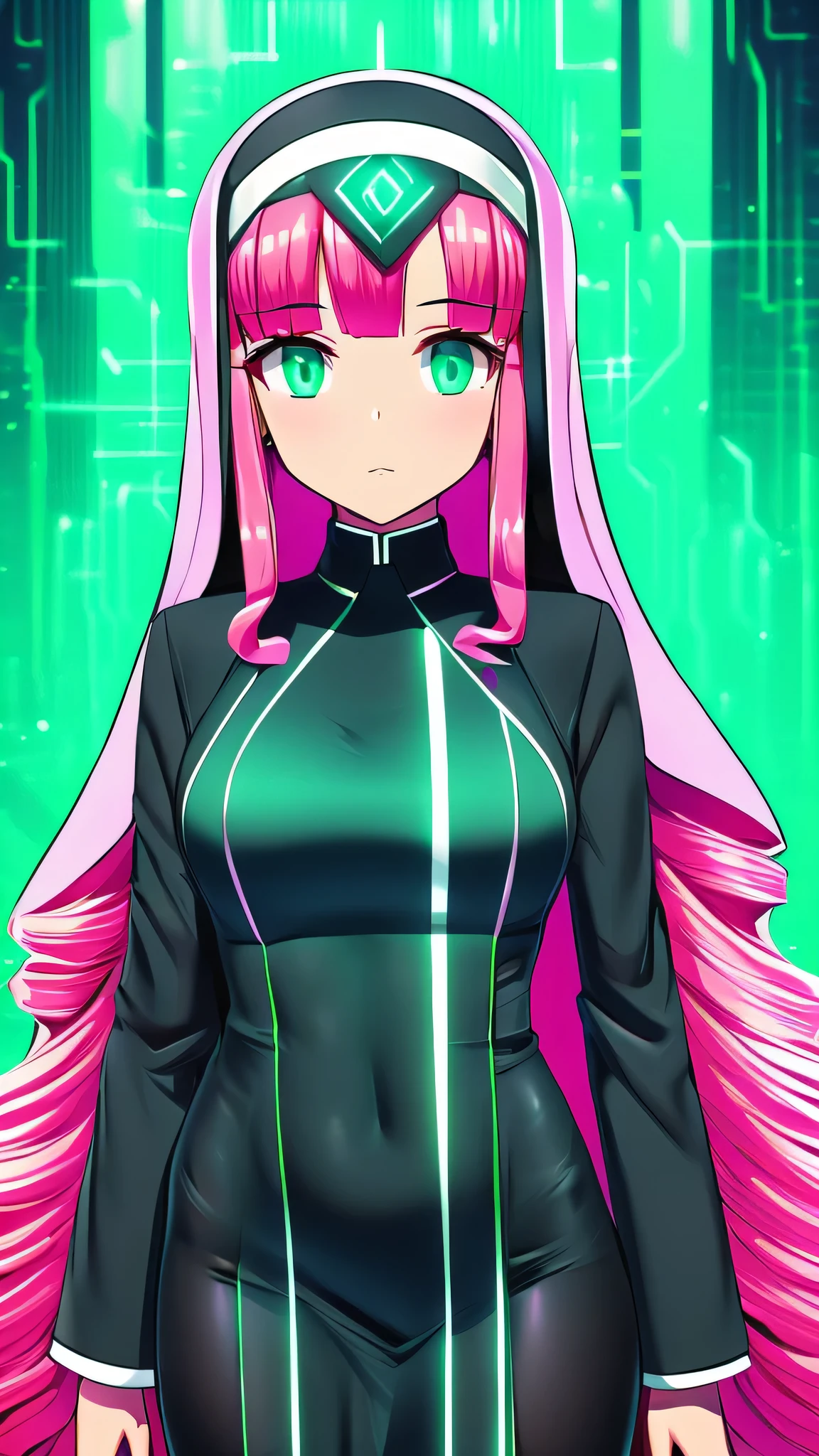 a girl cyber nun beautiful intelligent long pink hair wavy her green eye wearing virtual lens blue helmet micro dresses nun long dress and a long black skirt she shows digital hand