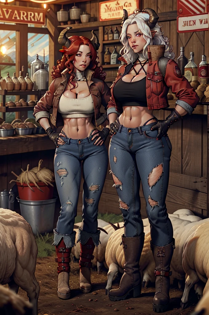 medium hair, multiple girls, sheep hair, wool hair, large breasts, red eyes, navel, 2girls, cleavage, standing,sheep girl, jacket, full body, curly frizzy white hair, (combat gloves), red hair, boots, open clothes, horns, black gloves, midriff, pants, fingerless gloves, crop top, hand on hip, torn clothes, covered navel, abs, denim, red jacket, jeans, curled horns, goat horns, sheep horns, torn pants, sheep,
(large breasts, thick thighs, thick hips, thin waist),
(((Farm, Farm city, Farm tavern))),
(beautiful detailed face, masterpiece, best quality),